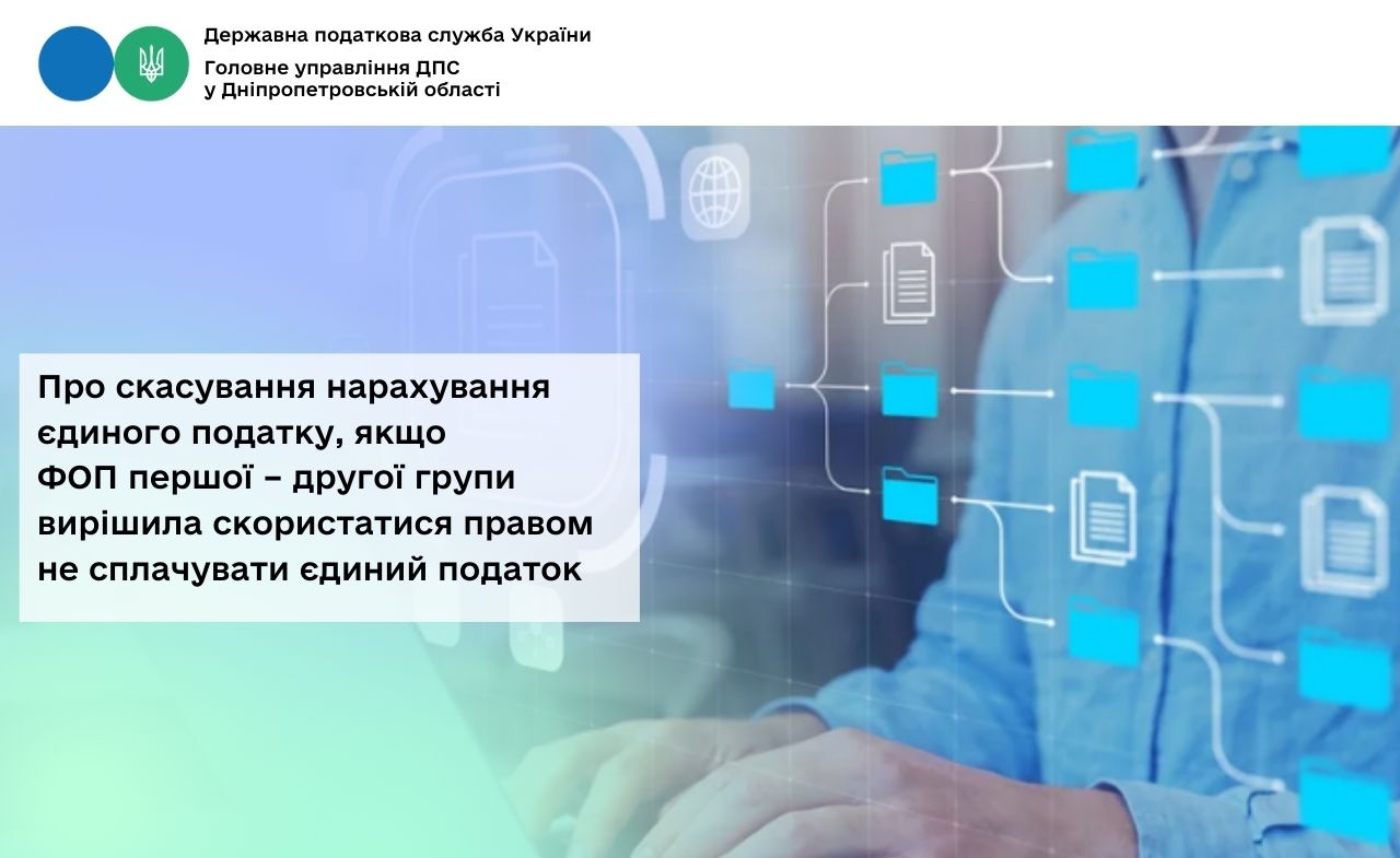 Про скасування нарахування єдиного податку, якщо ФОП першої – другої групи вирішила скористатися правом не сплачувати єдиний податок