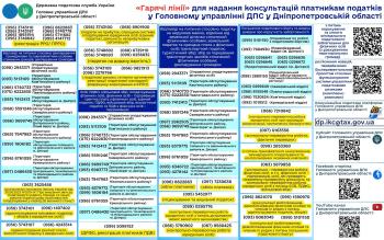 «Гарячі лінії» для надання консультацій платникам податків у Головному управлінні  ДПС у Дніпропетровській області