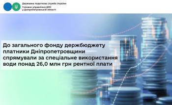 До загального фонду держбюджету платники Дніпропетровщини спрямували за спеціальне використання води понад 26,0 млн грн рентної плати