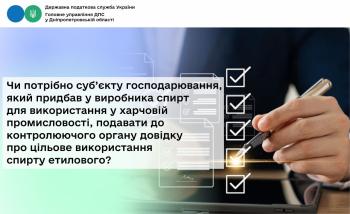  Чи потрібно суб’єкту господарювання, який придбав у виробника спирт для використання у харчовій промисловості...