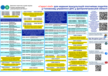 «Гарячі лінії» для надання консультацій платникам податків у Головному управлінні  ДПС у Дніпропетровській області