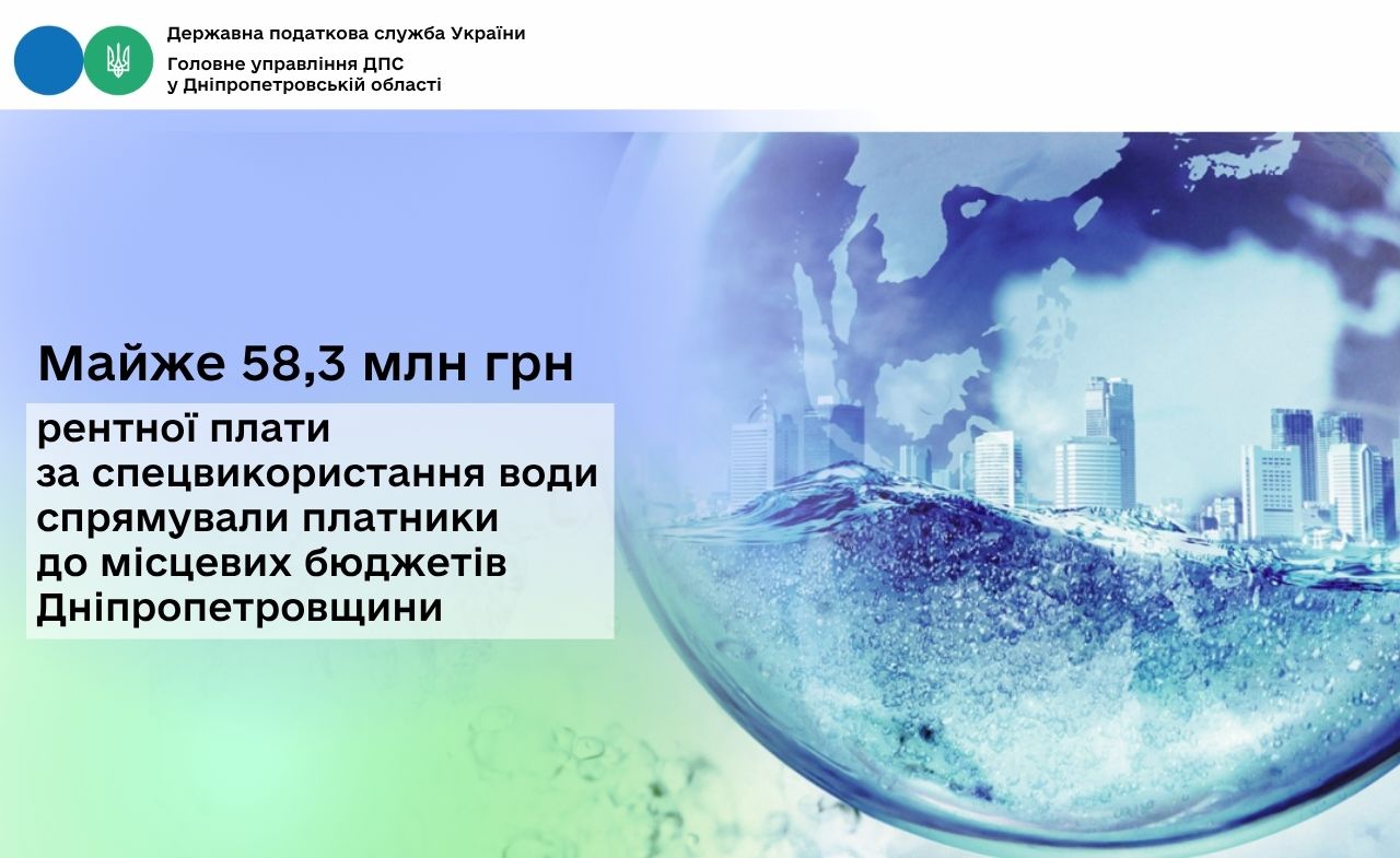 Майже 58,3 млн грн рентної плати за спецвикористання води спрямували платники до місцевих бюджетів Дніпропетровщини