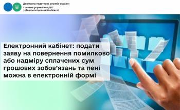 Електронний кабінет: подати заяву на повернення помилково або надміру сплачених сум грошових зобов’язань та пені можна в електронній формі