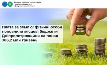 Плата за землю: фізичні особи поповнили  місцеві бюджети Дніпропетровщини на понад 386,2 млн гривень