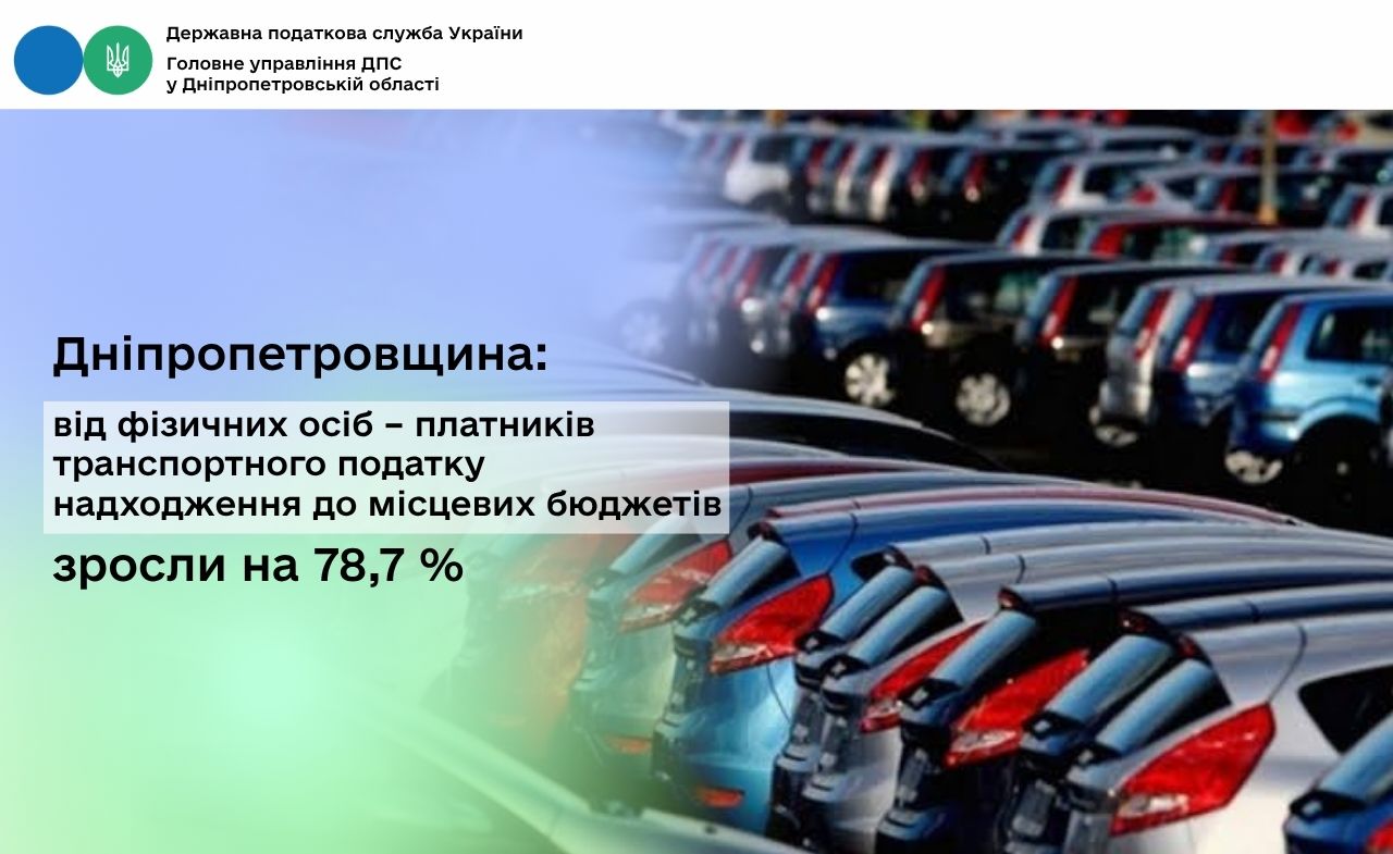 Дніпропетровщина: від фізичних осіб – платників транспортного податку надходження до місцевих бюджетів зросли на 78,7 %