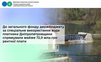 До загального фонду держбюджету за спеціальне використання води платники Дніпропетровщини спрямували майже 72,9 млн грн рентної плати
